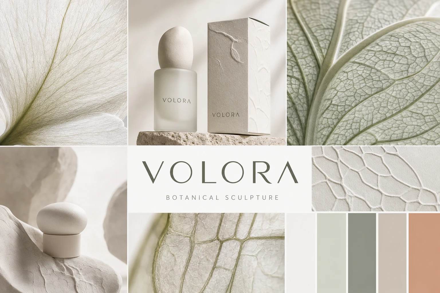 VOLORA brand world — leaf textures, stone, palette